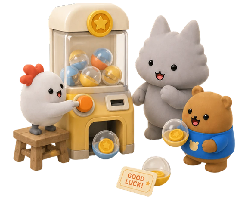 Motey and friends around a gacha machine